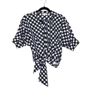HABITUAL Arietta Top Black White Sash Tie Gingham Cotton Wrap Blouse Women's M